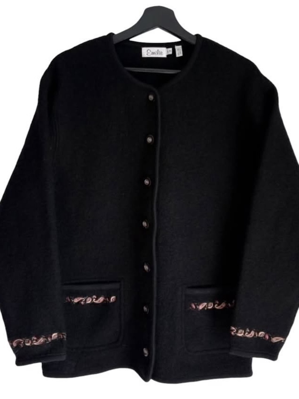 Vintage Black Wool Jacket Blazer Cardigan Coat Embroidered 90s Dark Academia